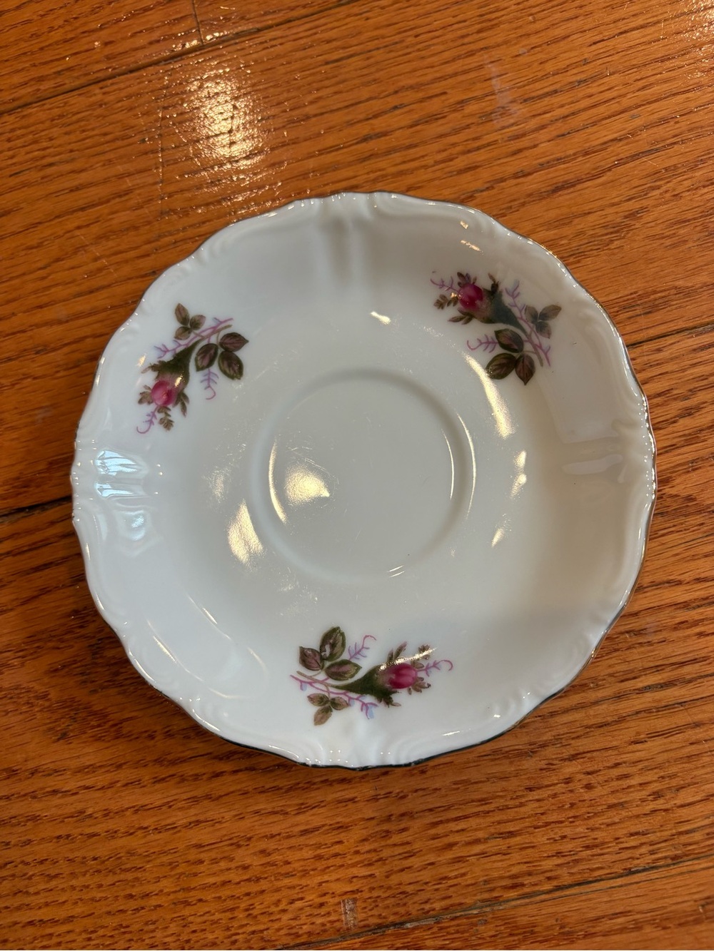 Royal Sealy Moss Rose Tea Saucer Vintage  Pink Floral Gold Trim Trinket Dish